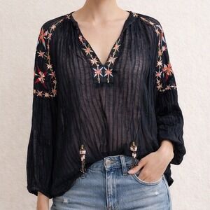 WB4 Belle Vere Anthropolgie Boho Embroidered Tunic Top Sheer Long Sleeve Blouse